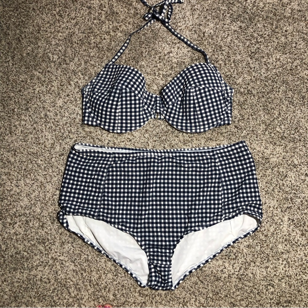 J. Crew Navy Gingham Demi Underwire Bikini and High Waisted Bottoms- 36 DD/XL